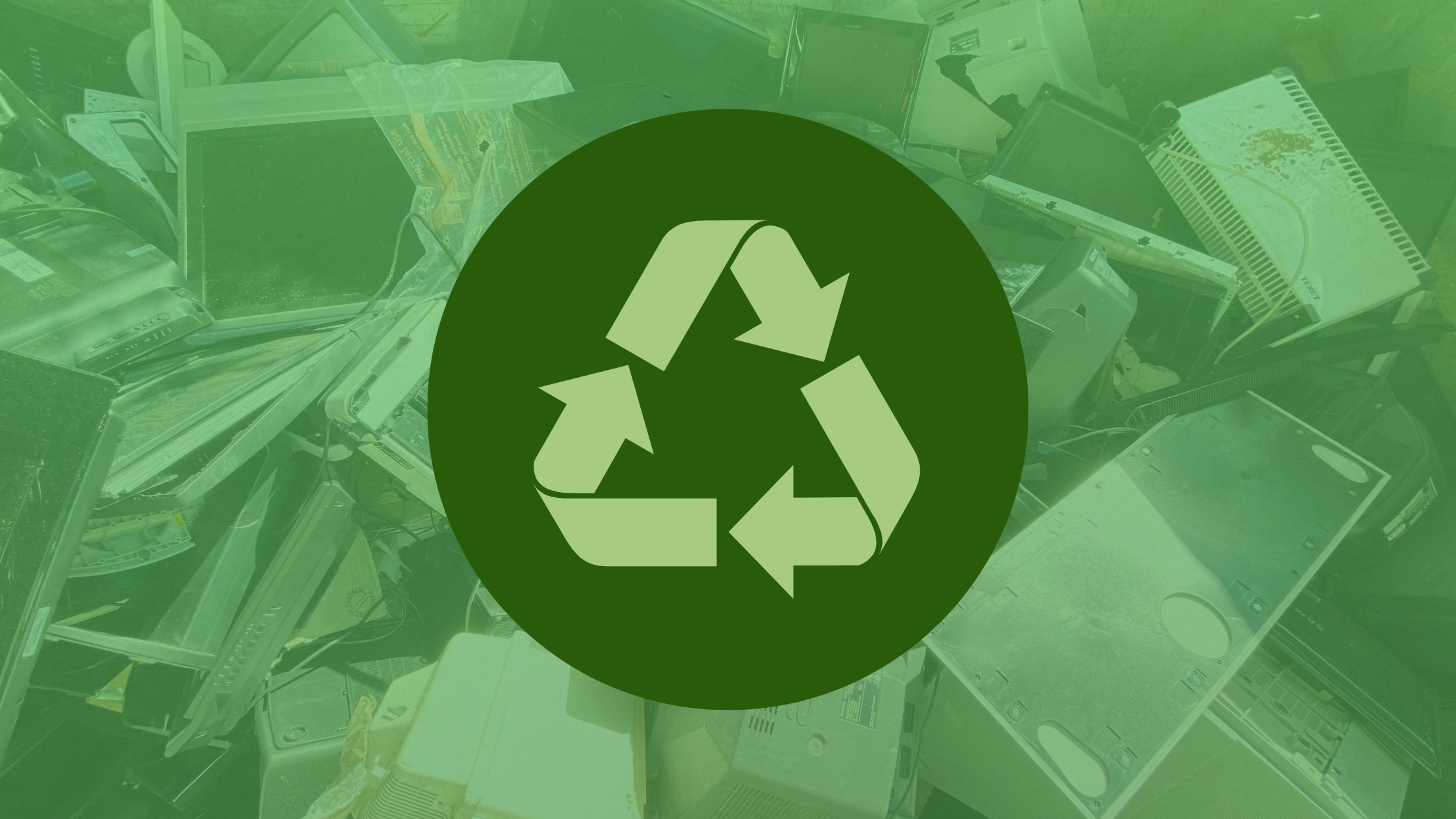 Image of ewaste with a green overlay and recycling symbol